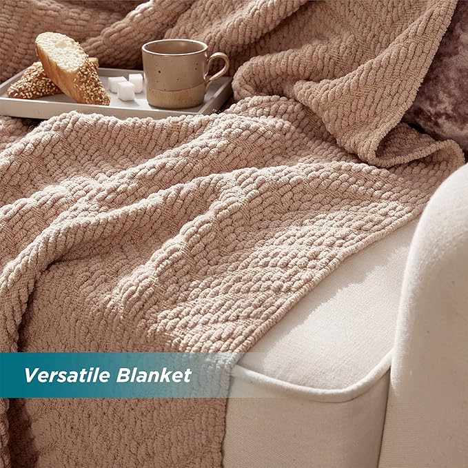 Bedsure Throw Blankets for Couch - Textured Chunky Knit Woven Chenille Blanket - Super Soft, Warm Decorative Boho Throw with Tassels for Bed, Sofa and Living Room Decor, Khaki, 60x80 Inches