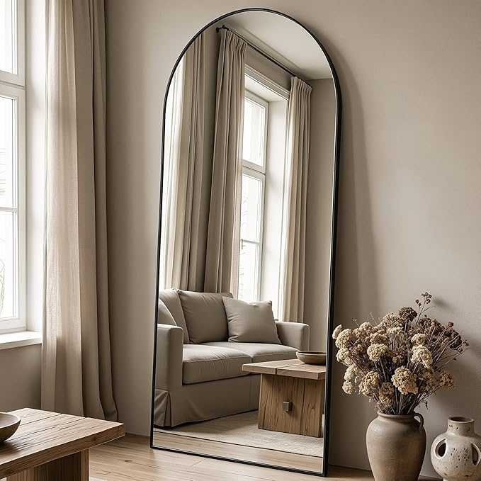 Antok Full Length Floor Mirror Arched Standing Mirror with Aluminum Frame - Freestanding Wall Mount Leaning Body Mirror for Bedroom Living Room Entryway, 58" L x 21" W, Black