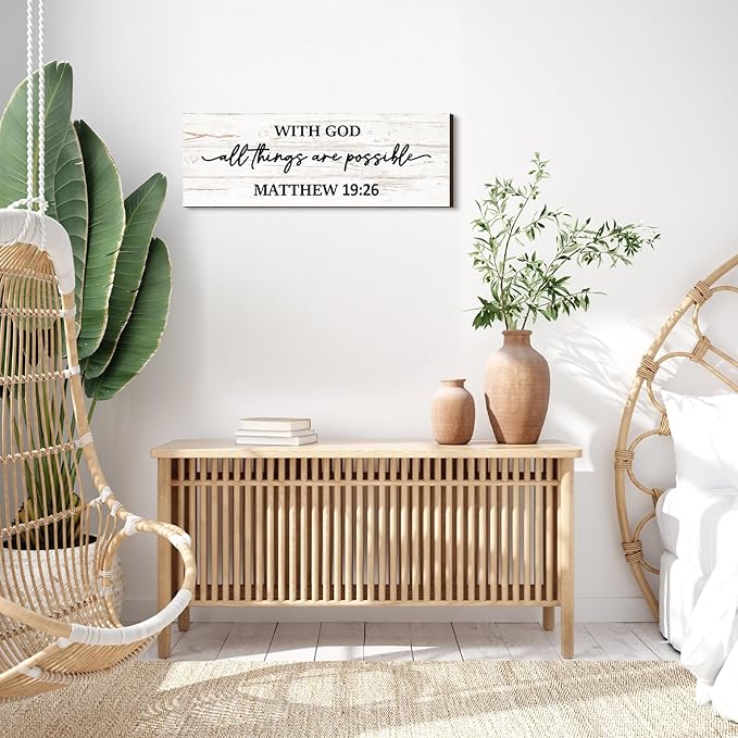 Jetec Farmhouse Bible Verse Scripture Wall Signs, with God All Things Are Possible Wooden Plaque Decor for Church Home Christian Wall Art Decor(17 x 6 Inch, Matthew)
