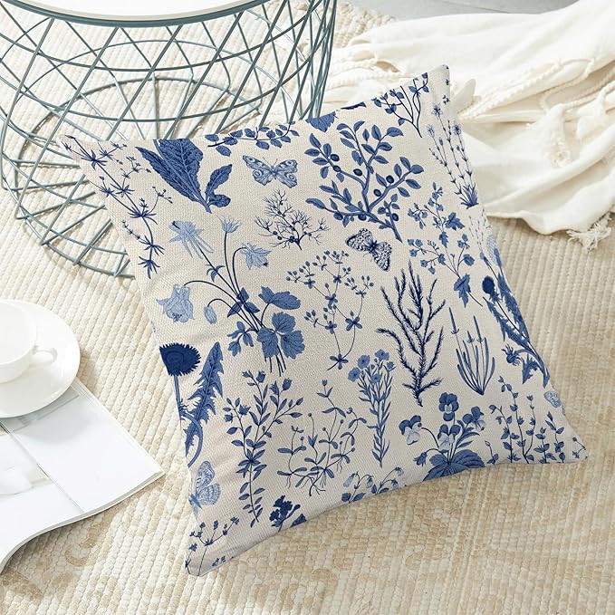 AEIOAE Summer Pillow Covers 20x20 Inch Set of 2,Navy Blue Wild Flower Plant Throw Pillows Case,Seasonal Floral Outdoor Decorative Square Linen Farmhouse Decor Cushion Covers for Home Couch Sofa Bed