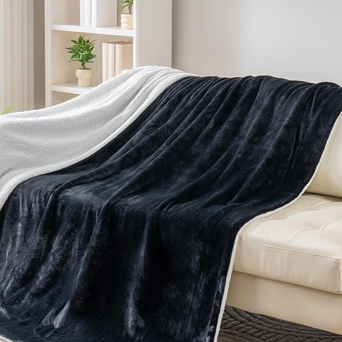 Berkshire Blanket-Sherpa Fleece Blanket, Warm and Soft Loftmink Reversible Blanket for Bed, Sofa and Travel, Black, 90 in x 90 in