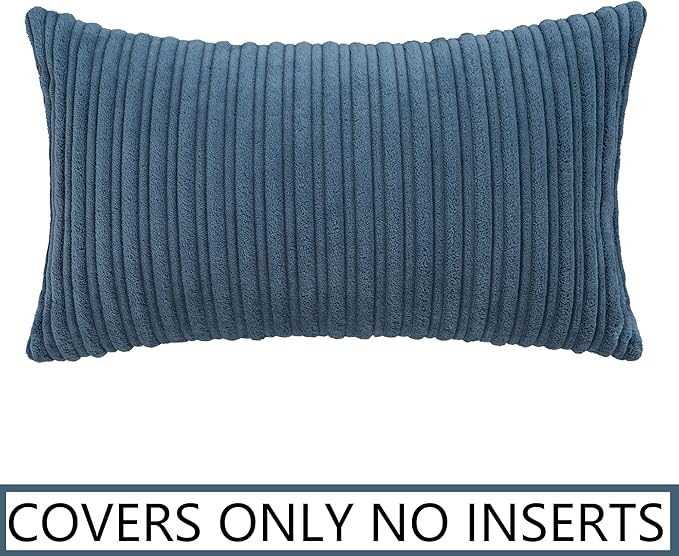 UGASA Velvet 12x20 Inch Lumbar Soft Throw Pillow Cover Boho Farmhouse Decorative Corduroy Striped Both Sides Solid Rectangular Cushion Case for Couch Bedroom Sofa Home, 1 Piece, Dusty Blue
