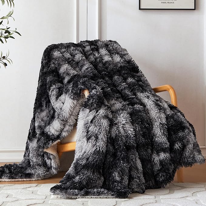 COOVA Ultra Soft Faux Fur Twin Blanket – Fuzzy Fluffy Cozy Microfiber Blankets, Warm Thick Plush Sherpa Fleece Throw Blanket for Couch,Bed,Sofa,Ideal Gift for Women.(Tie Dye Black, 60"x80")