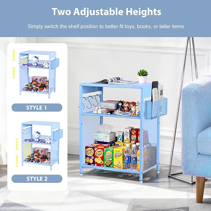 Kids Nightstand, 3-Tier Metal Side Table with Adjustable Storage Shelf, Basket & 3 S-Hooks, Small Bedside Table for Nursery, Toddler Bedroom and Small Spaces (Blue)