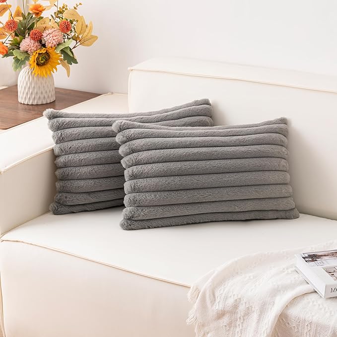 Aegero Pack of 2 Faux Fur Christmas Throw Pillow Covers 12x20 Inch, Soft Plush Striped Neutral Couch Pillow Cover, with Velvet Back Modern Home Decor for Sofa Living Room Couch Bed Dark Grey