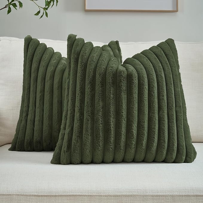 FUTEI Olive Green Decorative Throw Pillow Covers Set of 2, 16x16 Inch Soft Fluffy Faux Fur Plush Striped Cushion Cases, Modern Home Decor for Couch Bed Living Room
