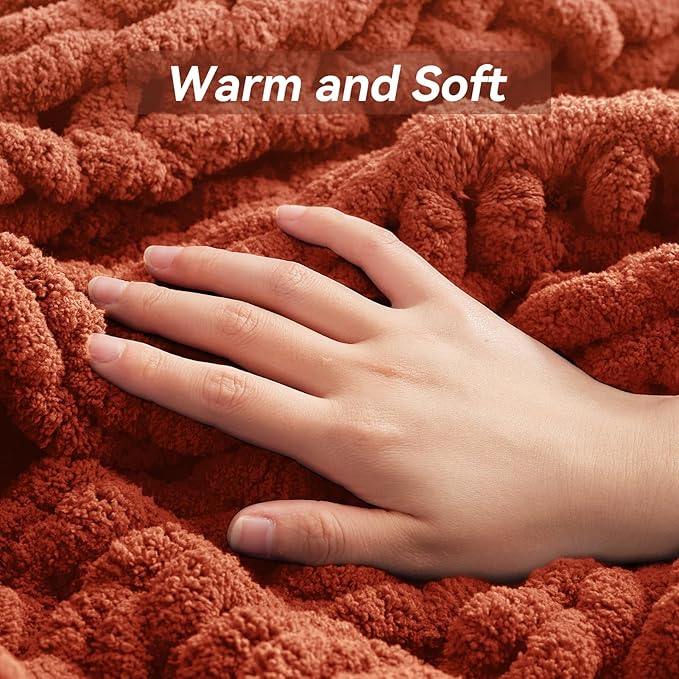 Chunky Knit Throw Blanket, 80''*90'' Knitted Throw Chenille Yarn for Bed Couch, Handmade Orange Crochet Big Thick Blanket, Machine Washable Cute Comfy Blanket for Home Decor