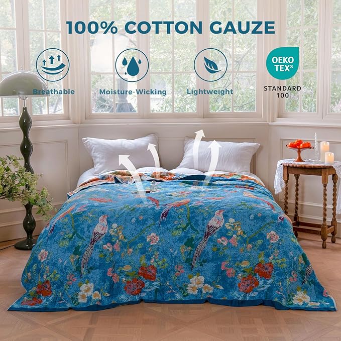 Boho Throw Blanket for Bed Cotton Spring Blankets for Bedroom Living Room Twin All Season Lightweight Floral Birds Embroidery Quilt for Couch Sofa Chair 60"x80"