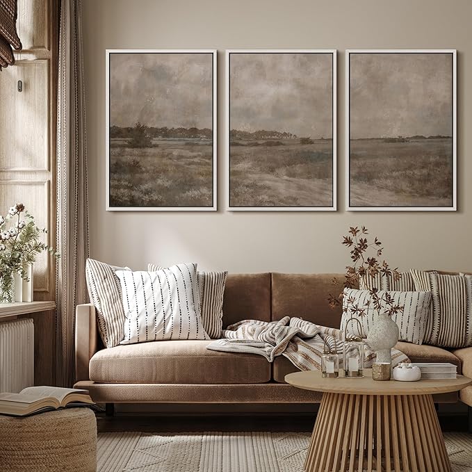 MUDECOR Framed Wall Art Print Set Vintage Neutral Countryside Landscape Rustic Field Path and Distant Trees Illustrations Modern Art Boho Decorative for Living Room, Bedroom, Office - 24"x36"x3 WHITE