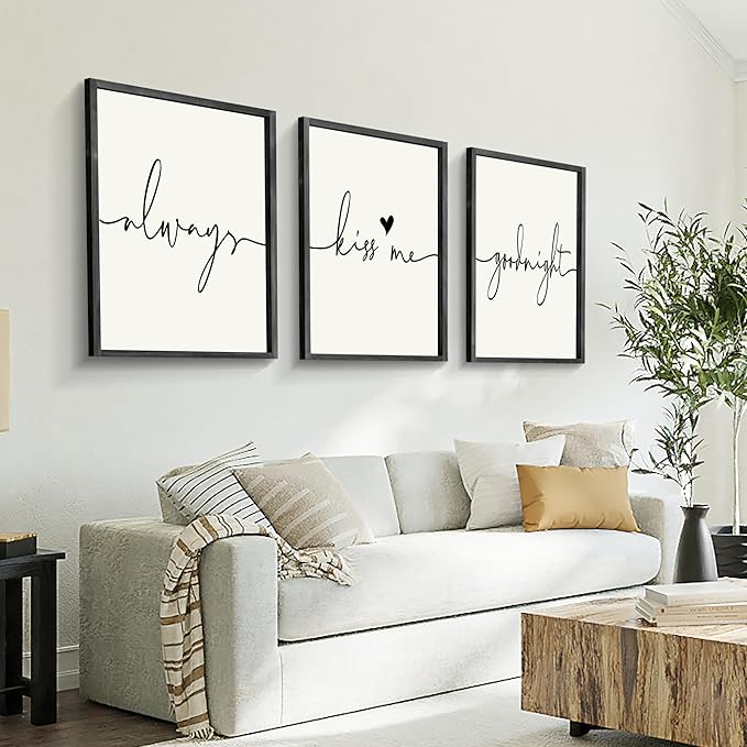 Houmury Set of 3 Framed Wall Art Always Kiss Me Goodnight Farmhouse Sign Bedroom Wall Decor for Master Bedroom Decor Wood Signs (Black, 16"x24")