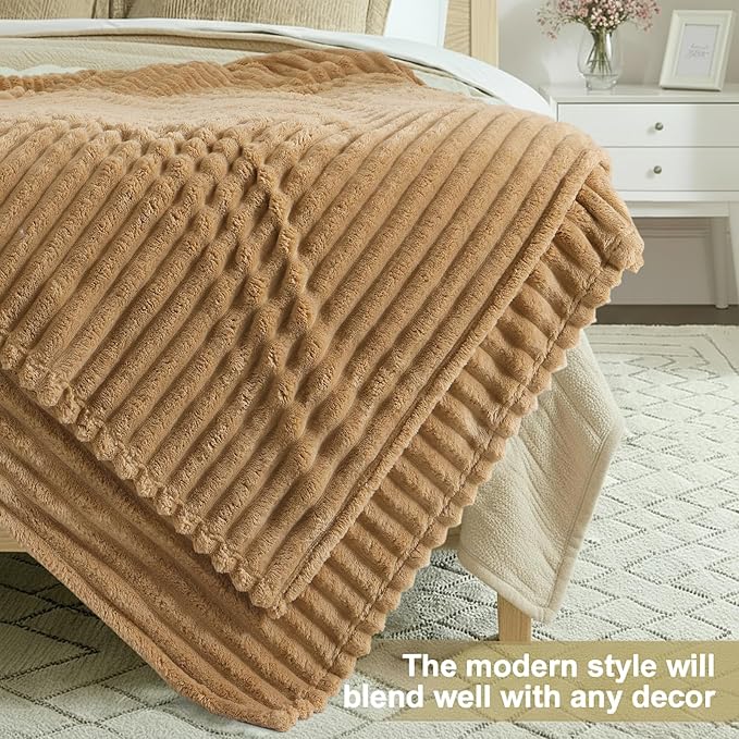decorUhome Soft Fleece Brown Throw Blanket for Couch, Cozy Fluffy Plush Flannel Striped Blanket for Sofa Bed, Lightweight Decorative Ribbed Fuzzy Blanket for Woman, 50x60 Inches