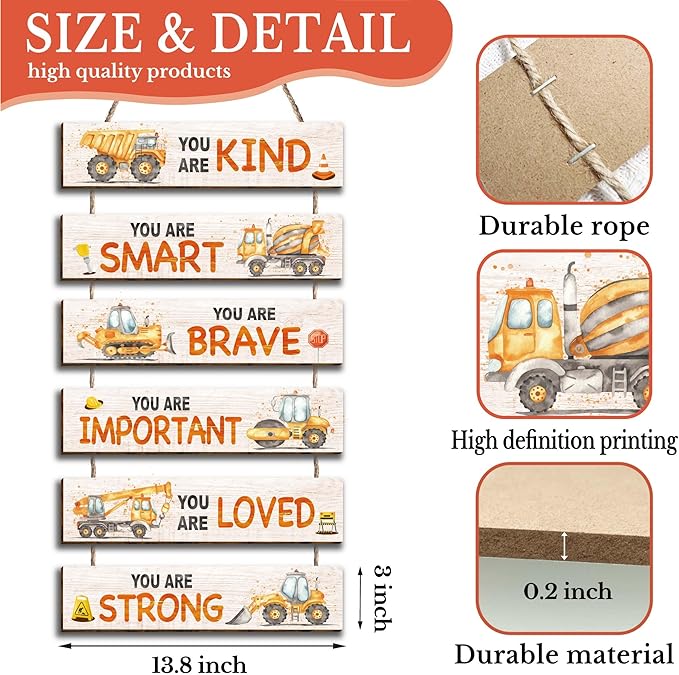 6 Pcs Construction Truck Decor Kids Room Decor, Construction Truck Positive Quotes Wall Art Decor Hanging Plaque Sign for Teens Bedroom Toddler Room, Works of art Made of Wood, Placards of Wood