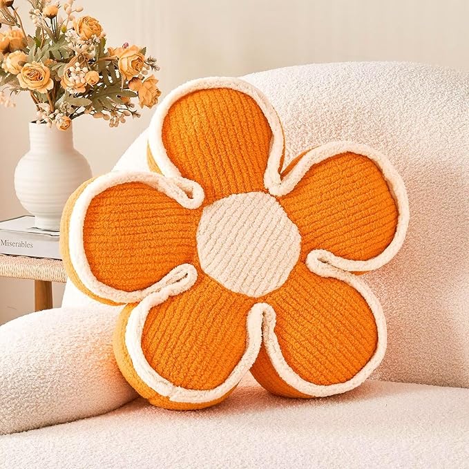 Kcvvcr Flower Pillow, Soft Shaped Floor Cushion, Decorative Throw Pillow, Cute Seating Cushion, Plush Pillows for Sofa Couch Bed (17.7 Inch, Orange)