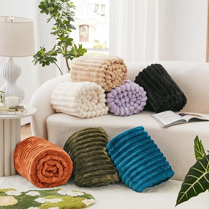 EXQ Home Fleece Throw Blanket for Couch or Bed - 3D Stripe Jacquard Decorative Blankets - Cozy Soft Lightweight Fuzzy Flannel Blanket Suitable for All Seasons(50"×60",Beige)