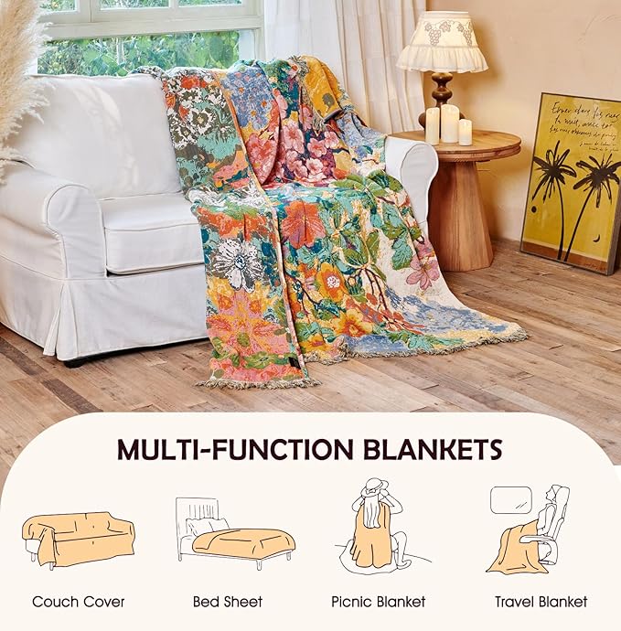 Boho Throw Blanket - 100% Cotton Throw Blankets for Bed Couch, 60"x80" Soft Muslin Lightweight Spring Throw Blanket, Cozy Oil Painting Bohemain Bedding Decor Green Throw Quilt