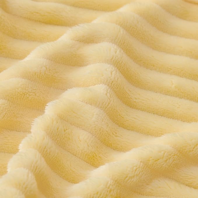 Bnuitland Light Yellow Fleece Throw Blanket for Couch, 300GSM Soft Warm Cozy Fluffy Throw for Adults & Kids, Stripe Pattern 60"x80", All Season Sofa Bed Blanket for Home Decor