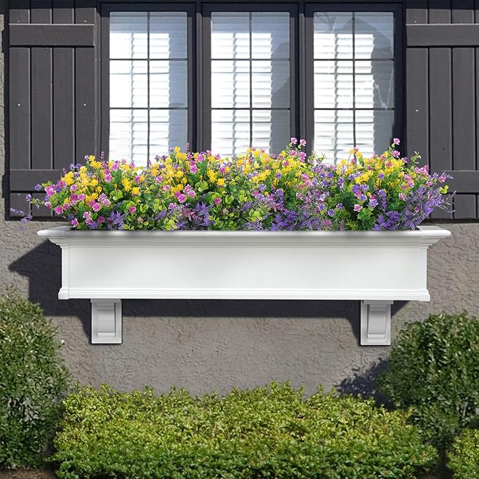 Hananona 48 Pcs Artificial Flowers Outdoor, Faux Artificial Plants UV Resistant Plastic Flower Bulk for Hanging Planter Porch Window Home Wedding Fall Summer Decor (48, Fuchsia, Purple, Yellow, Green)