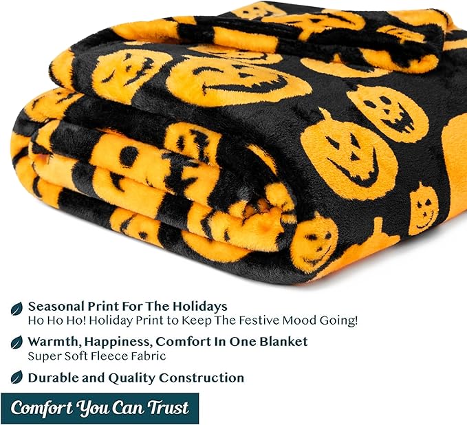 PAVILIA Halloween Throw Blanket | Orange Pumpkin Fall Fleece Blanket | Soft, Plush, Warm Black Fall Cabin Throw, 50x60 (Pumpkin Halloween)