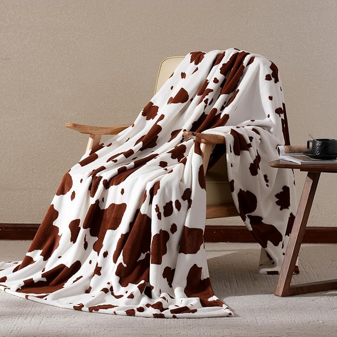 Cozy Bliss Cow Print Fuzzy Throw Blanket for Couch - Thick Soft Warm Non Shedding Fleece Blankets for Western Décor Room, for Kids, Women Men Girls, Brown 50"*60"