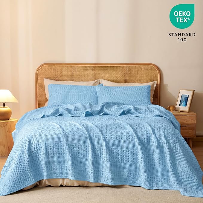 PHF 100% Cotton Waffle Weave Blanket King Size for Bed, Soft Lightweight & Breathable for Spring and Summer, All-Season Comfort, Luxury Aesthetic Blanket for Home Decor, 108"x90", Airy Blue