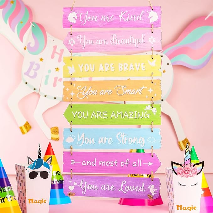 Inspirational Girl Room Decor Aesthetic Art Wall Hanging Sign Inspiring Colorful Rainbow Wooden Decoration for Kids Teens Toddler Boy Baby Bedroom Nursery Dorm Decor, 6-12 Years old(Unicorn)