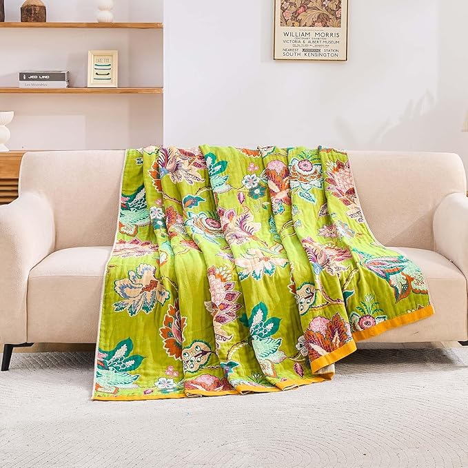 Fall Throw Blanket, 100% Cotton Soft Rustic Boho Throw Blanket for Bed, 80"x90" Farmhouse Decor Bed Flower Blankets, Light Weight Reversible Bohemian Throw Quilt