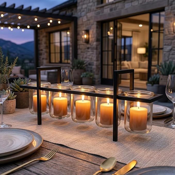 Seraphic 5-Cup Rustic Modern Floating Candle Holder Table Centerpiece Decoration for Dining Room, Kitchen, Patio, Weddings, Metal Iron with Glass Cups, 16" Long