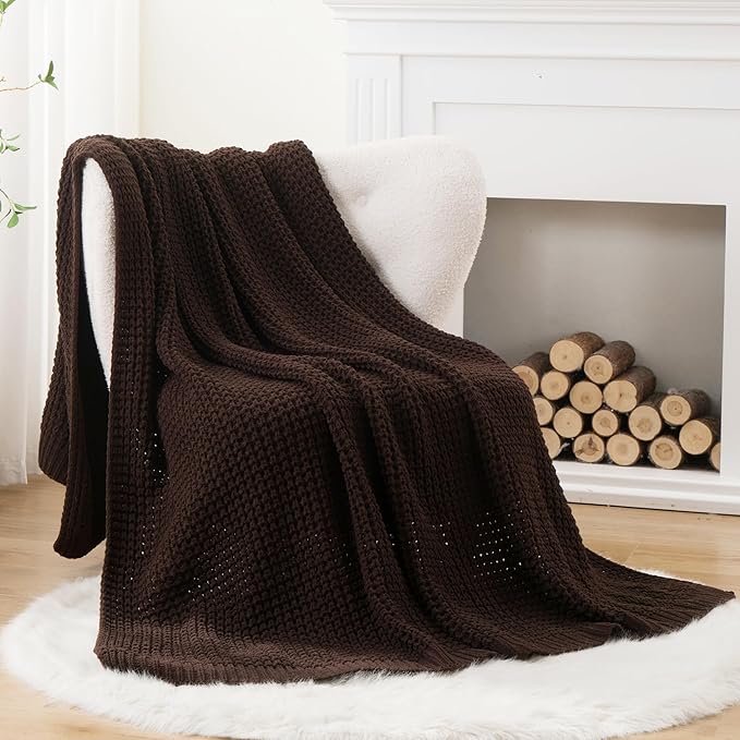 Bunnikins & Clover Dark Brown Throw Blanket for Couch, Soft Chenille Knit Throw Blanket for Home Decor, Decorative Chocolate Brown Blanket for Bed, Living Room, 60"x80"