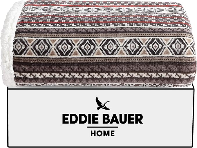 Eddie Bauer - Throw Blanket, Brushed Fleece & Plush Sherpa Soft Bedding, Blanket for Couch & Bed (Sycamore Red, 50" x 60")