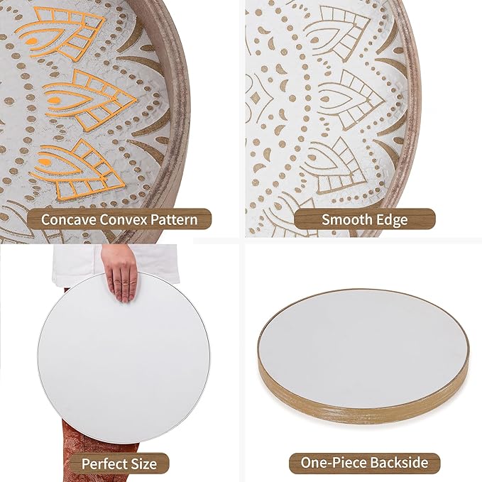 Hanobe Decorative Coffee Table Tray: Round Wood Trays for Boho Home Decor 12 Inch Rustic Farmhouse Centerpiece for Living Dining Room Ottoman Kitchen Counter Brown