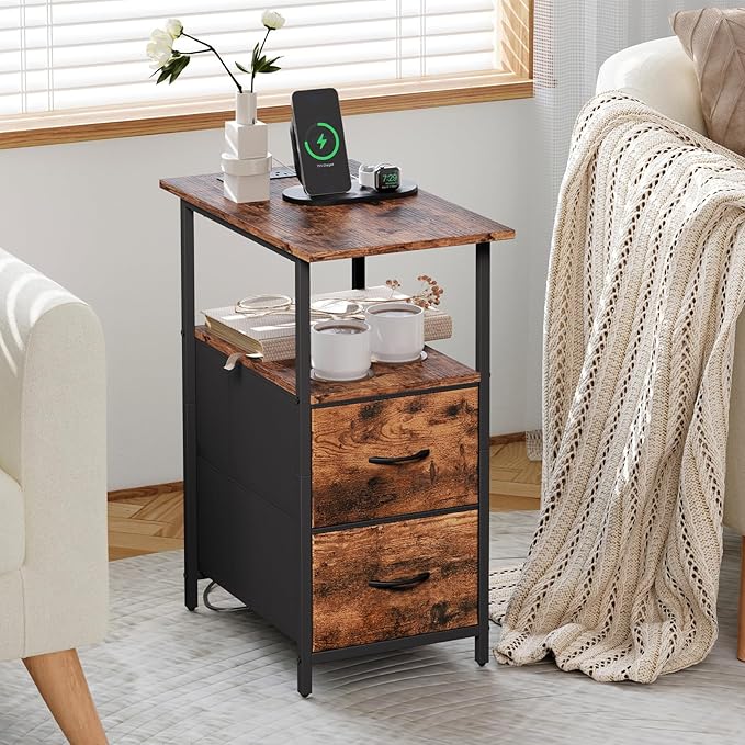 Somdot End Table with Charging Station,Narrow Side Table with 2 Fabric Drawers,Skinny Nightstand with Storage,Small Slim Bedside Table for Living Room,Sofa,Bedroom,Couch,Wood Grain Print