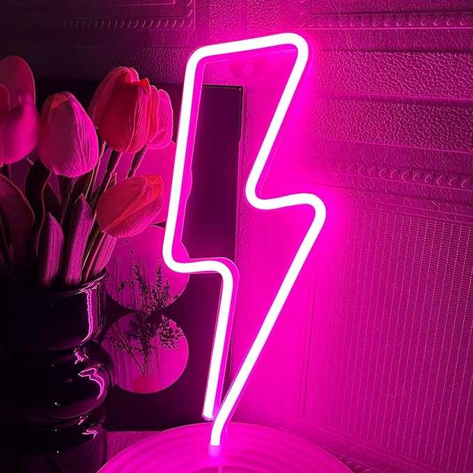 Neon Signs Lightning Bolt Neon Light Sign for Wall Decor, Battery or USB Powered Led Lightning Light Neon Sign for Bedroom,Kids Room,Birthday,Party,Wedding,Home,Kids Decorations Pink