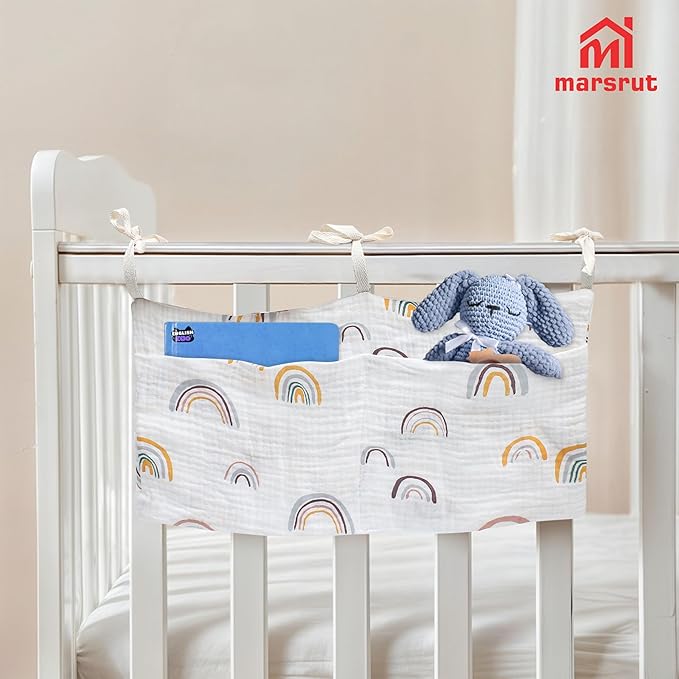Crib Hanging Storage Organizer Bag, Baby Bedside Cribs Pocket, Cotton Material, Multifunctional Caddy Bags for Organizing Drool Bibs Diaper Bed-Bunk Nappy Milk Bottle Dormitory (Rainbow White)