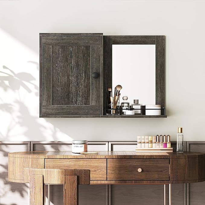 Medicine Wall Cabinet with Mirror, Bathroom Mirror with Storage, Medicine Cabinet Mirror, Wall Mounted Home Storage, Adjustable Shelf, for Laundry Room, Bedroom, Camper, Hallway, Smoky Oak