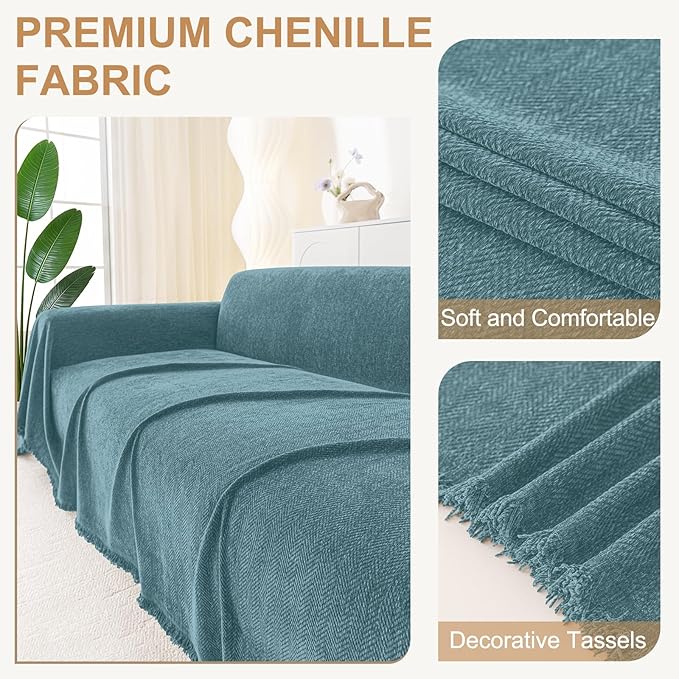 Smiry Couch Cover for Dogs, Washable Chenille Sofa Covers for 3 Cushion Couch, Soft Sofa Slipcover for Pets, Thick Sectional Furniture Protector with Tassels (Blue, 88.5x150 Inch)