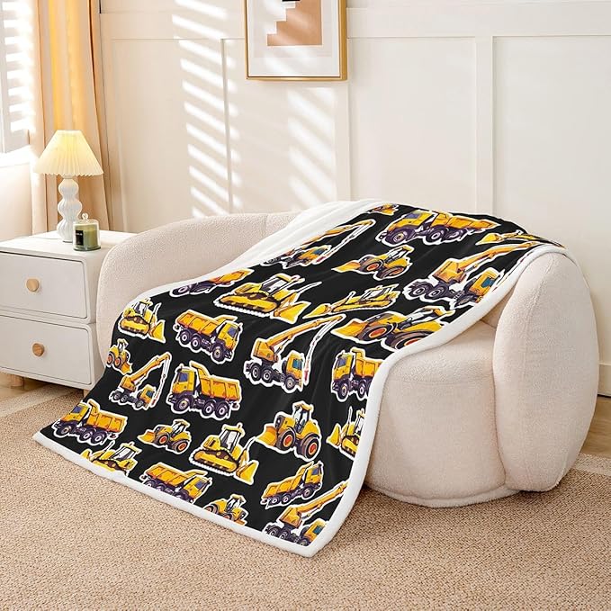 Erosebridal Excavator Sherpa Blanket Under Construction Fleece Blankets Cartoon Truck Tractor Blanket Throw for Kids Boys Young Cranes Equipment Fuzzy Blankets Sofa Decor Twin 60"x80" Yellow