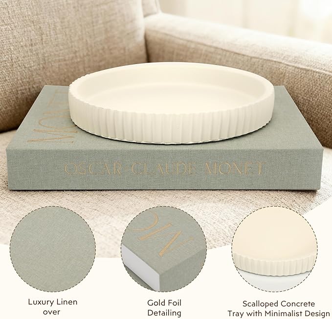 Decorative Concrete Tray & Book Set - Home Decor Scalloped Tray & Linen Storage Box for Coffee Table, Bookshelf, or Dining Room - Modern & Functional Housewarming Gift (Green+Beige)