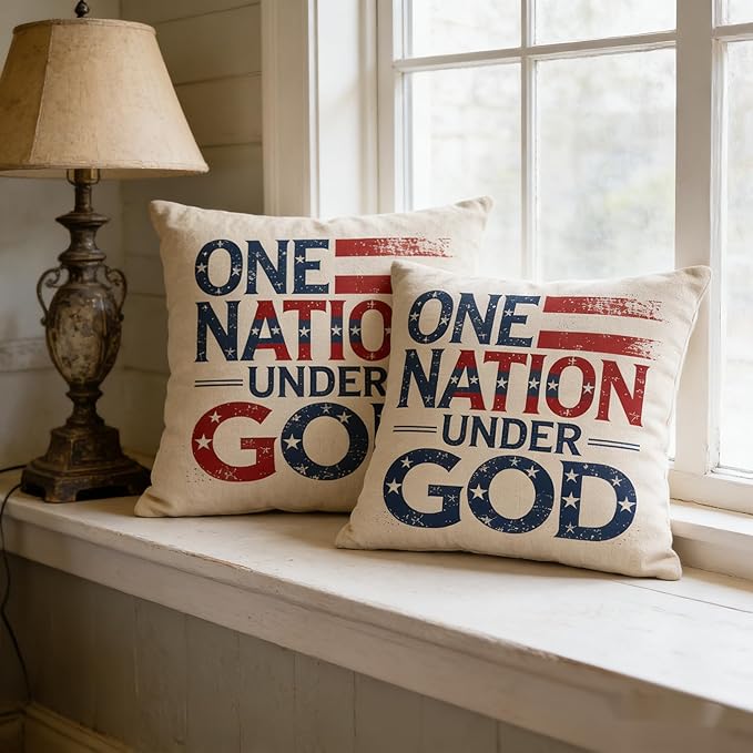 Patriotic Throw Pillow Covers, One Nation Under God, Linen, 18x18 Inch, Set of 2, Farmhouse Style, Indoor Living Room Decor July 4th — Independence Day