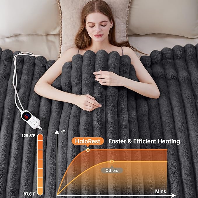 Heated Blanket Full Size, Faux Fur Cozy Heating Blanket with Overheat Protection, 1/2/4/6/8 Hours Auto-Off 10 Heat Level, Machine Washable (72x84 Inches, Darkgrey)