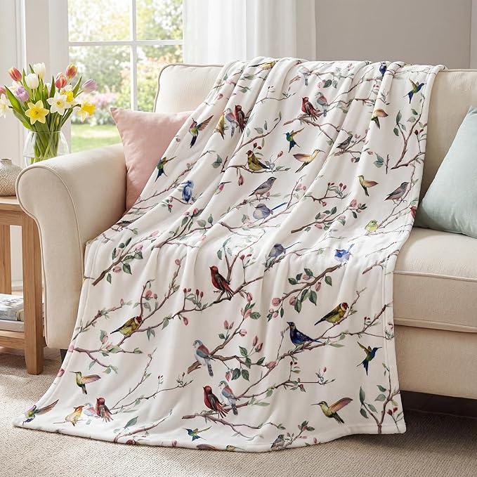 Horaldaily Spring Summer Flannel Blanket Throw, Birds Branch White Floral Soft Fuzzy Plush Cozy Fleece Blankets for Couch Sofa Bed Lounging, Ideal Gifts for Kids Adults Self, 50x60