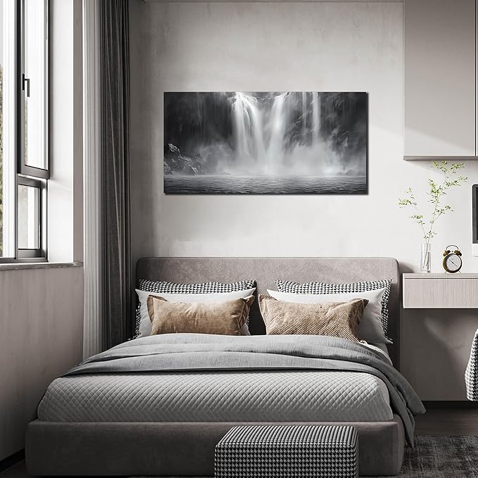 Waterfall Wall Pictures for Living Room - Black and White Landscape Wall Art for Office - Modern Abstract Canvas Wall Art for Bedroom Size 20" x 40"