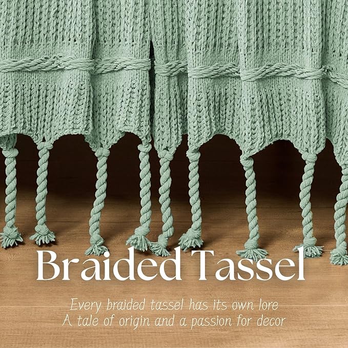 Boho Knitted Chenille Blanket with Tassels - Lightweight & Soft All-Season Throw - 3D Classic Pattern for Living Room Bedroom Couch, Sage Green, King 90"x108"