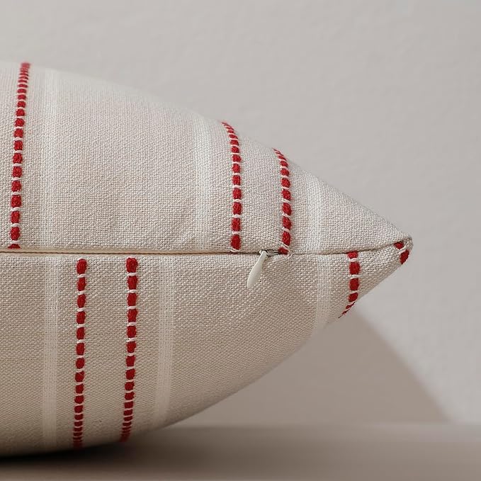 Hckot Christmas Throw Pillow Covers 20x20 Set of 2 Red Striped Pillow Covers Textured Linen Xmas Decorations Pillows Farmhouse Winter Holiday Decor for Sofa Living Room (Red)
