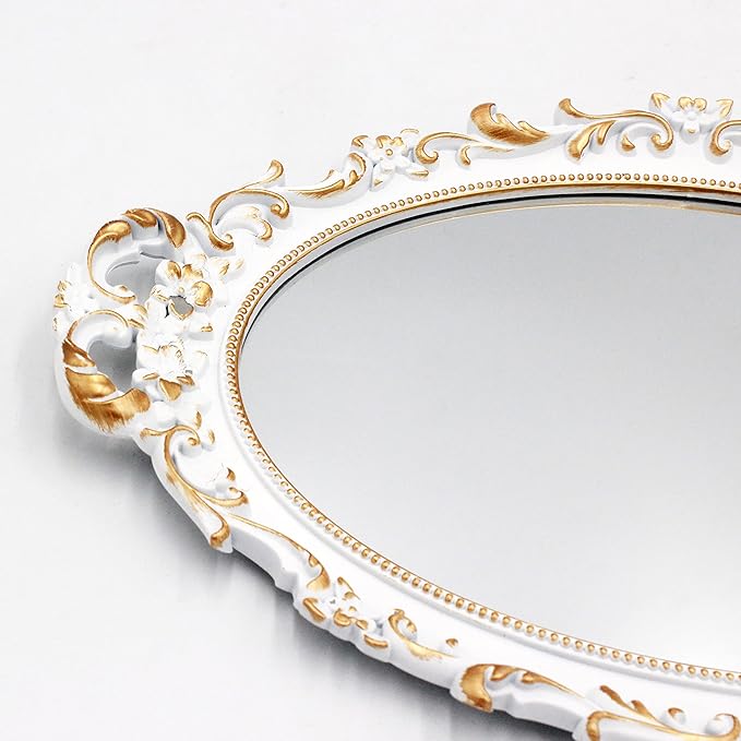 2 Pack - Vintage Decorative White Framed Mirror, Wall Hanging Mirrors & Tabletop Tray for Bedroom Living Room Dresser Decor, Oval- 9.6" W x 14.3" L (WHITE-2PACK)