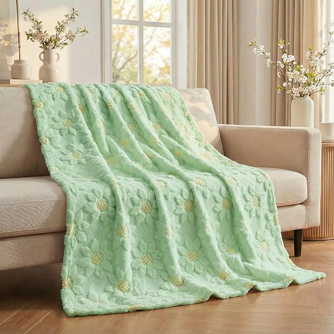Horaldaily Spring Summer Blanket Throw, Green Sunflower Soft Fuzzy Plush Faux Fur Cozy Blankets for Couch Sofa Bed Lounging, Ideal Gifts for Kids Adults Wife Self, 60x80