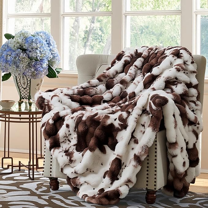 Wajade Fluffy Faux Fur Throw Blanket for Couch Bed 60x80, Luxury Soft Thick Fuzzy Plush Bubble Blanket, Warm Cozy Blanket for Sofa Chair Cow Print-Dark Brown