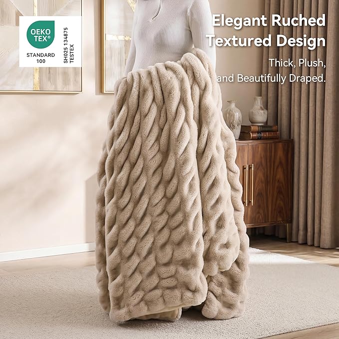 Smoofy Linen Throw Blanket for Couch – Ultra Soft Cozy Plush Fluffy Blanket with Faux Rabbit Fur, Fuzzy Lightweight Fleece for Sofa, Bed & Office, Gift for Women, Home Room Decor Throw 50"x 60"