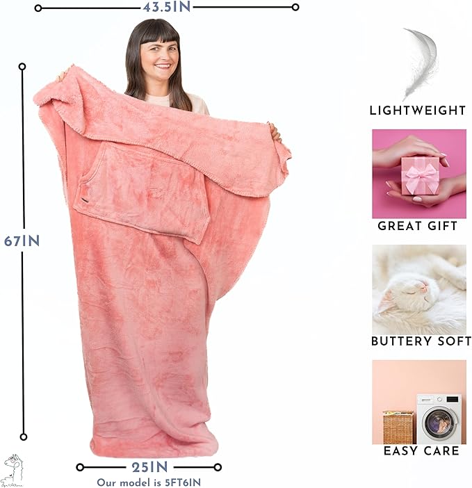 Premium Double Layer Foot Pocket Blanket with Marsupial Pocket - Dorm Gifts - TV Throw - Gifts for Men Who Want Nothing - Gifts for Dad - Lap Gamer Blanket (Fleece, Powder Pink)