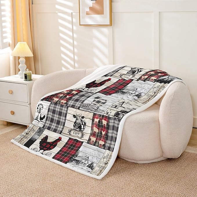 Rustic Farm Animal Fleece Bed Blanket Twin 60"X80" Retro Buffalo Plaid Farmhouse Cabin Throw Blanket Country Sheep Chicken Cow Print Sherpa Blanket,Grid Windmill Flannel Blanket Red Black Grey