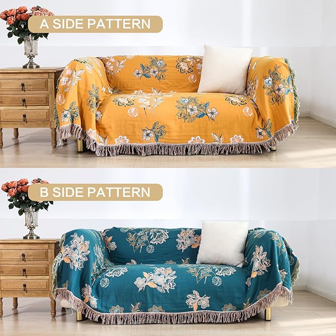 Boho Throw Blanket, 100% Organic Cotton Breathable Skin-Friendly Ultra Soft 50" x 60" Bed Yellow Throw - Floral Rustic Decor Luxury Reversible Blanket for Sofa Couch Chair and Gift,